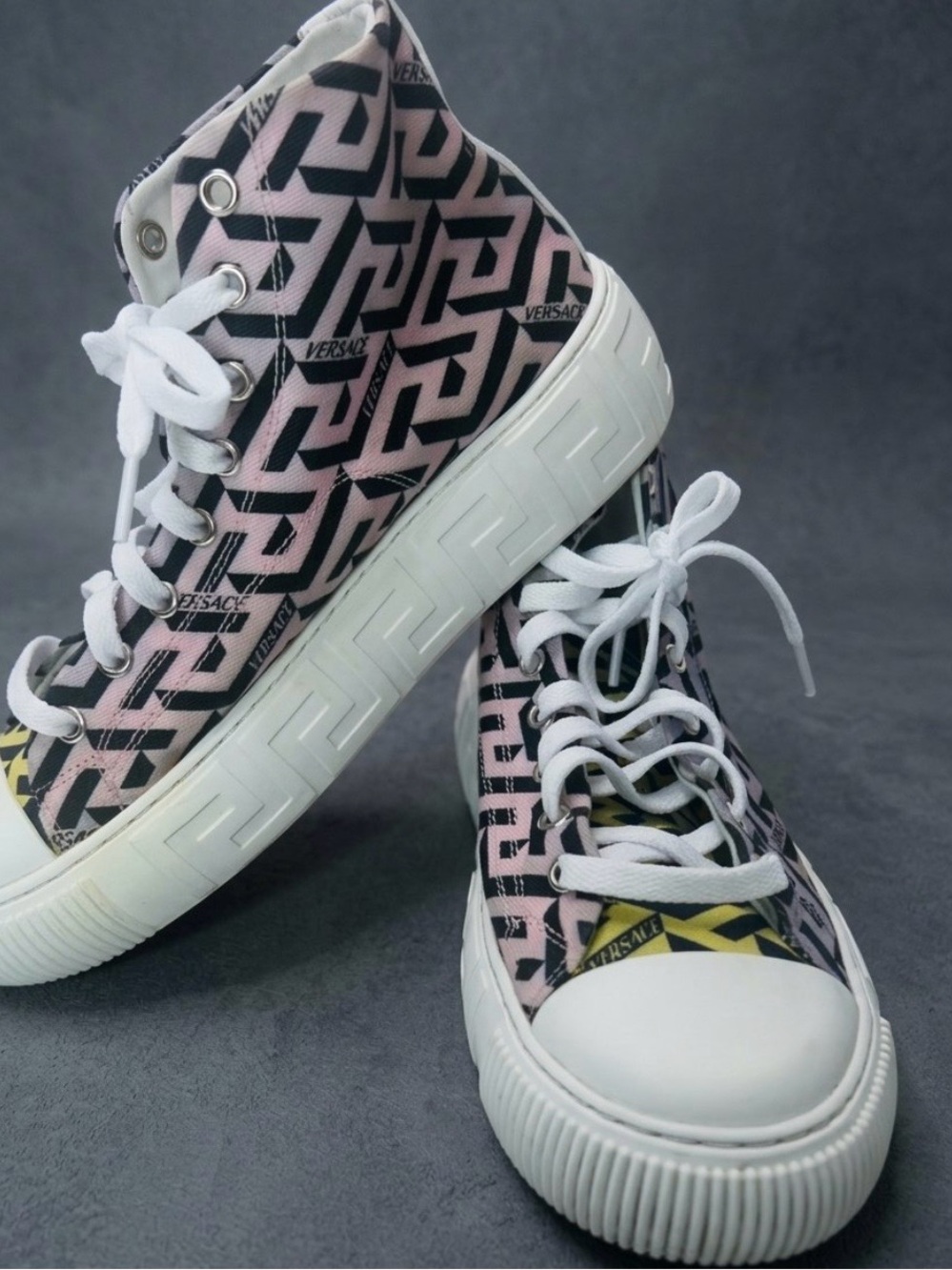 Women's Versace Greca Coated Canvas High-Top Sneaker Size 7/37 Orchid Black